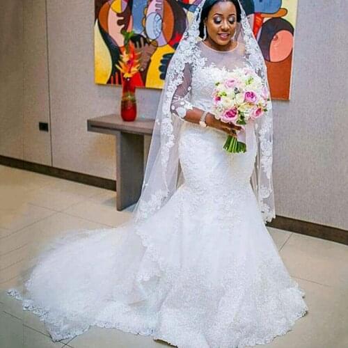 Vestidos de novia con apliques de encaje blanco, vestidos de novia con mangas, color negro, para novia,Mermaid wedding dress