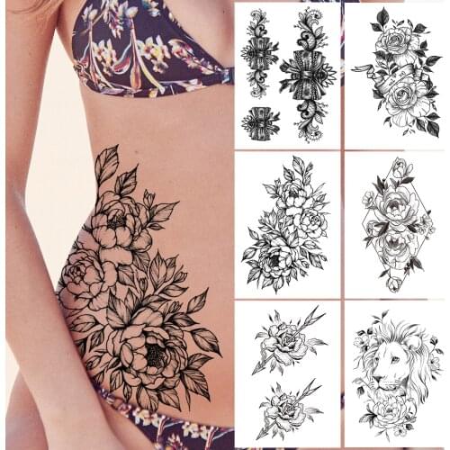 Large Flower Rose Temporary Tattoo For Women Girls Adult Black Lion Tattoos Sticker Geometry Orchid Fake Lace Tatoos Waterproof