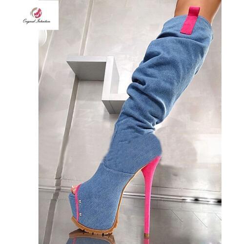 Original Intention Super Fashion Knee High Boots Woman Denim Peep Toe Thin High Pink Heels Sexy Black Mix Pink Shoes Woman