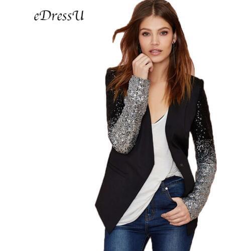 Women Autumn Blazer Plus Size Fashion Jacket Sequins Patchwork Elegant Office Black High Quality Coat Cardigan eDressU HX-3023