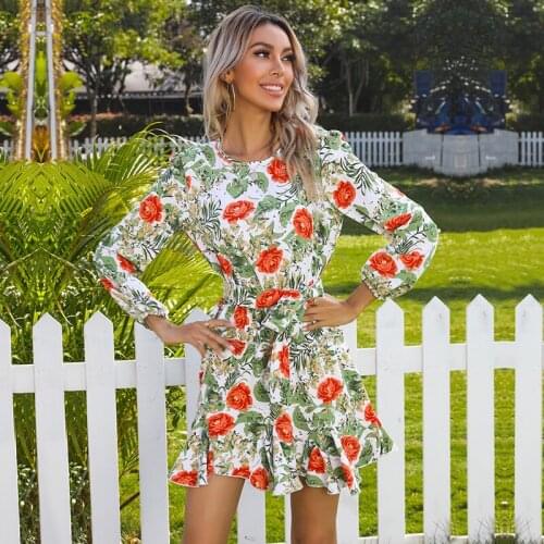 New 2021 Elegant Autumn Dress Women O-Neck Long Sleeve Flower Print Holiday Causal Female Dress Belt
