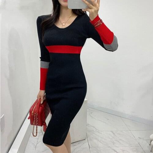 V-neck Sheath Full Sleeve Dress One Piece Womens Patchwork Knitted Casual Sheath Female Winter Women Sweater Knee-Length Dress
