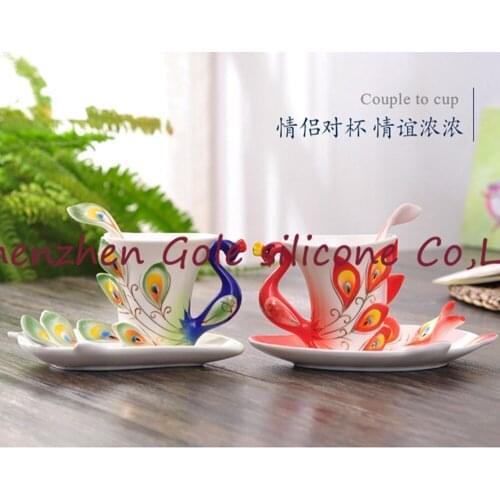 10pcs Peacock Coffee Cup Ceramic Creative Mugs Bone China 3D Color Enamel Porcelain Cup with Saucer and Spoon Coffee Tea Sets
