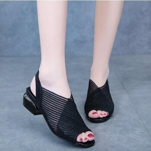 2020 Women Sandals Fashion Thick Heel Peep Toe Womens Shoes Mesh Breathable Sandals Ladies Plus Size Girls Summer Sandal