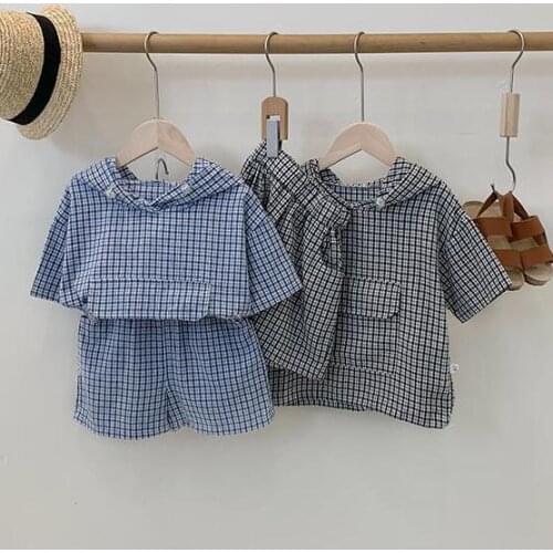 2021 new cotton girls boys 2 pcs set summer cotton plaid hooded shirt+shorts cool soft kids suit
