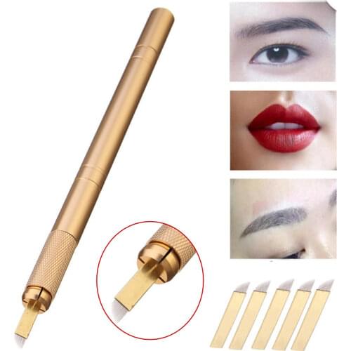 5pcs 12pin Blade Needles+Golden Tebori 3D Pen Microblading Tattoo Machine For Permanent Makeup Eyebrow Tattooing Manual Guns