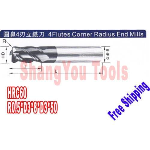6pcs 3mm hrc60 R0.5*D3*8*D3*50 4 Flutes Milling tools Mill cutter Carbide Corner Radius End Mill CNC router bits