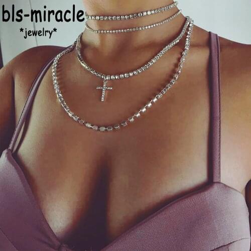 Bls-miracle Multiple Cross-shaped Layers Rhinestone Crystal Choker Necklace for Women New Necklaces Collier Fashion Jewelry N391