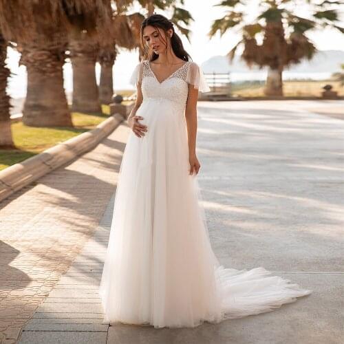 Bohemian Wedding Dresses for Pregnant Womens V-neck Short Sleeves Simple Tulle A Line Sequin Pregnancy Brides Dress Cheap 2021