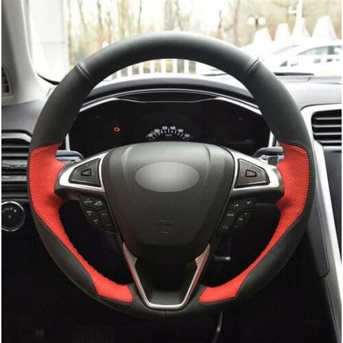 Black Leather Black Suede Hand Sew Wrap Car Steering Wheel Cover for Ford Mondeo Fusion 2013-2019 EDGE 2015-2019