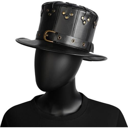 Adult Black Riveted PU Leather Halloween Plague Doctor Flat Hat Steampunk Gothic Cosplay Costume Props