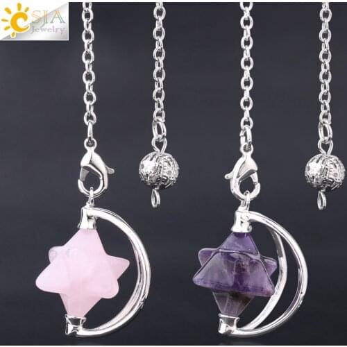 CSJA Natural Stone Merkabah Pendulums Divination Drowsing Healing Wicca Jewelry Women Men Lapis Lazuli Pink Purple Crystal F631