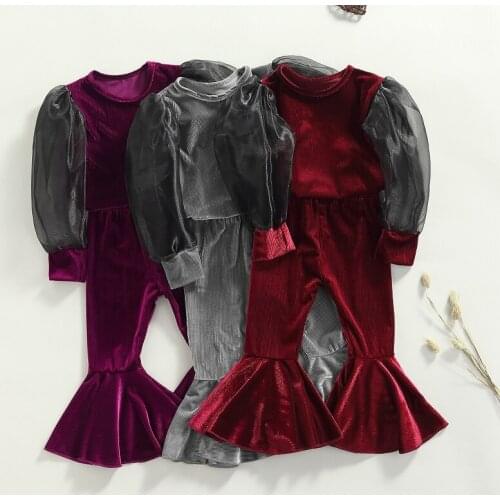 1-5Y Toddler Kids Baby Girl Puff Sleeve Pullover Tops Flared Pant Bell Bottom 2PCS Outfits Spring Autumn Clothing Set