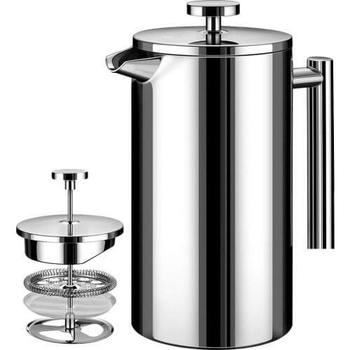 Stainless Steel French Press Coffee Maker Double-Wall Stainless Steel Metal Insulated Pot with 3 Level Filtration Rust-Free