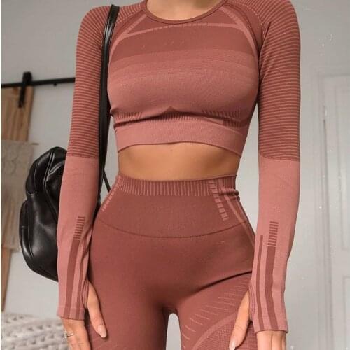 2 Piece Set Geo Seamless Yoga Sets Women Long Sleeve Sports Set Sports High Waist Yoga Pants Wear for Women Gym Clothes