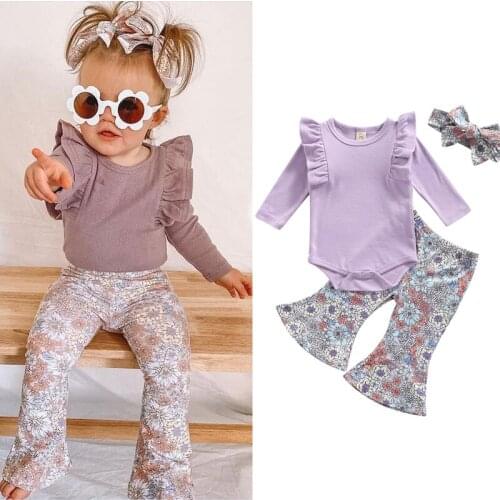 FOCUSNORM 3pcs Lovely Baby Girls Clothes Sets Ruffles Long Sleeve Romper Tops Floral Pants Headband 0-18M Autumn Outfits