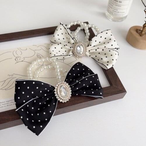 Korean Rhinestone Hair Tie Headdress Girl Sweet Pearl Bow Elastic Hair Bands Dot Bow Hairbands Luxury Jewelry Hair Accessories