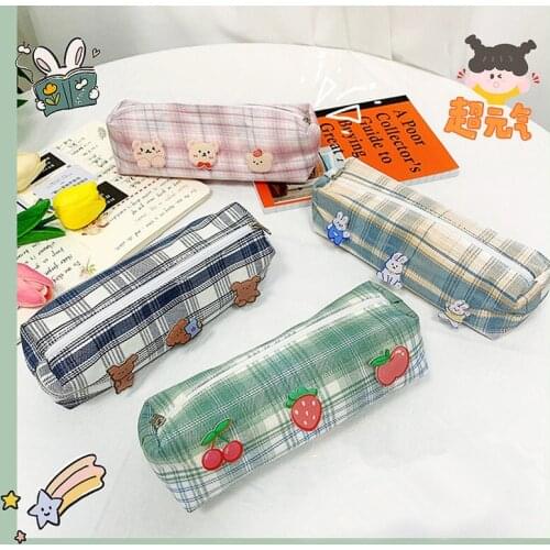 Kawaii 9 Colors Zipper School Pencil Cases for Boys Girls Avocado Green Pencil Box Lattice Pouch Cosmetic Brush Bags Stationery