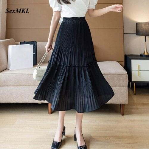Fashion Chiffon Summer Long Skirts Womens 2021 Casual High Waist Pleated Black Skirt White Korean Elegant Goth Vintage Skirt