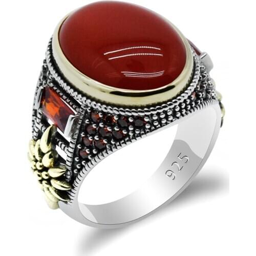 Men Ring 925 Silver Russian Oval Red Agate Stone Men Ring Solid 925 Sterling Jewelry Engagement Wedding Ring For Men Size 8-13