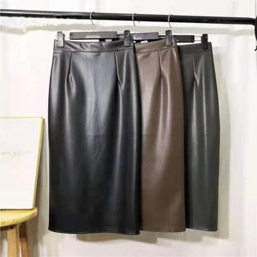 2021 New Autumn Winter Black PU Faxu Leather Women Mi-long Wrap Skirts High Waist Back Split Sheath Pencil Sexy Skirt Female