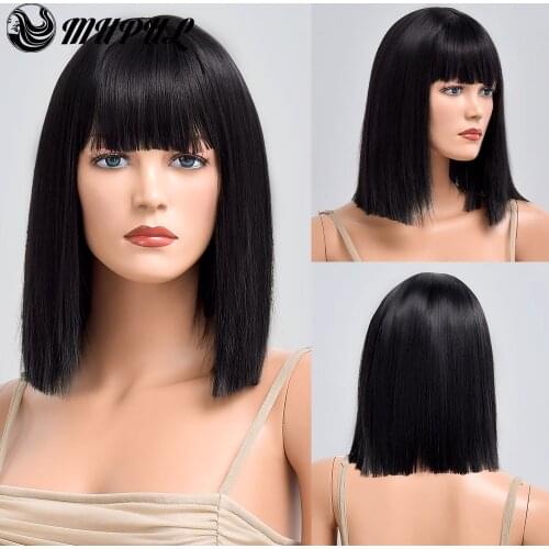Womens Black Daily Straight Medium Hair Synthetic Wig For White Women With Bangs Cosplay Heat Resistant Fiber Nutural Wigs