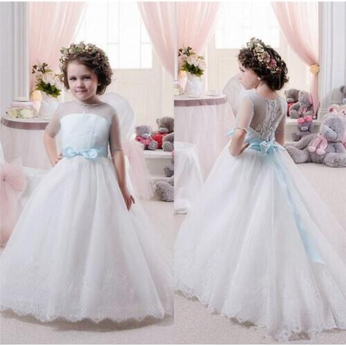 First Communion Dresses For Girls Sky Blue Sash Flower Girl Dresses Sheer Half Sleeve Vestido Comunion For Wedding Prom Dress