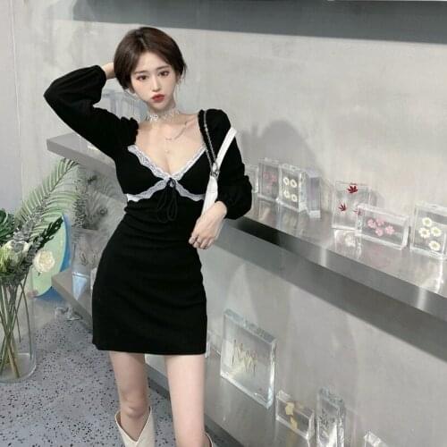 Dress Female Long-sleeved Sexy Dress New Spring Breeze Temperament Waist Bag Hip Short Skirt Little Black Dress