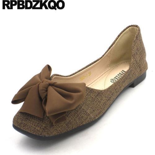 Plus size black 2018 slip on large bow brown chinese square toe women cute flats ladies beautiful shoes designer leisure denim