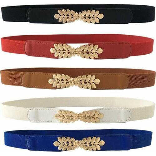 1Pcs High Elasticity Fabric Belts for Women Dresses Gold Leaves Metal Buckle Belts Female Belts Women Fashion 2019 Elastic Belts