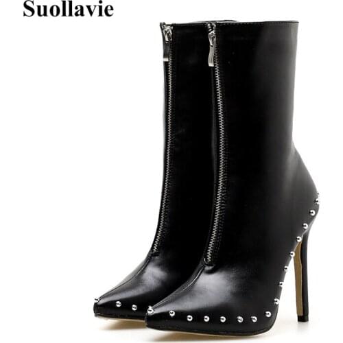 Suollavie Winter Autumn Women Pointed Toe Mid-Calf Boots Thin High Heels Martin Boots Rivet Warm Shoes