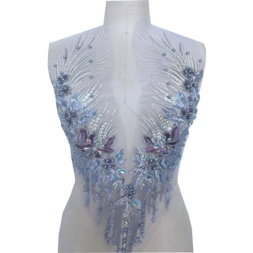 Sew on beads rhinestones light purple lace applique triming patches 60*33cm for evening dress DIY accessories