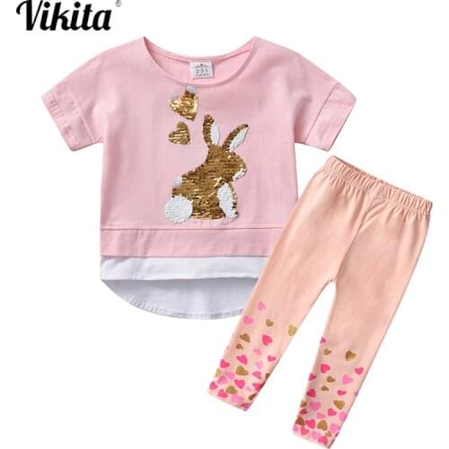 VIKITA Children Clothing Girls Summer Clothes Set Short Sleeve Cotton Tops T Shirts and Long Pants Kids Toddlers Casual Clothing