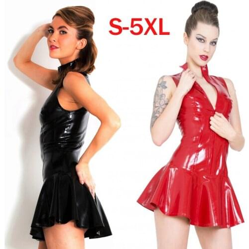 High Quality Glossy PVC Dress Wet Look Women Sleeveless Mini Dress Sexy Night Party Clubwear Pleated Dress Plus Size S-5XL