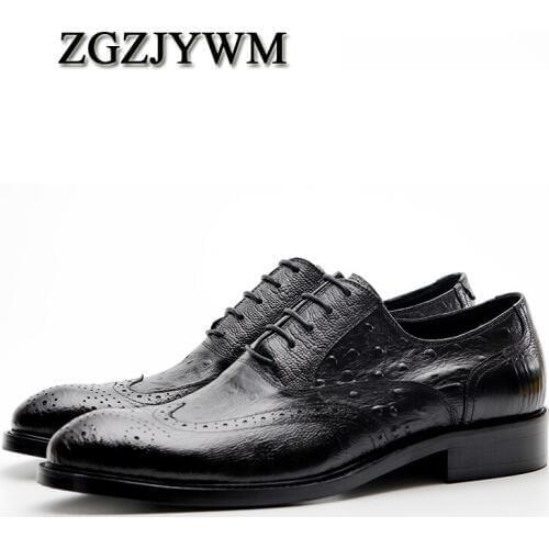 ZGZJYWM New Breathable Men Classic Business Lace-Up Black/Red Pointed Toe Dress Carved Genuine Leather Wedding Oxfords Shoes