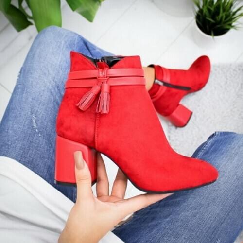 2020 Red Tassel Ankle Shoes Womens Shoes Single Boots Autumn Winter Pointed Toe Thick With Short Boots