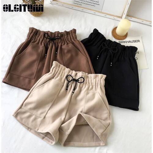 New 2020 Autumn Winter Women Shorts Casual Loose Solid High Waist Shorts Thick Warm Elastic Waist Shorts with Pockets Outwear