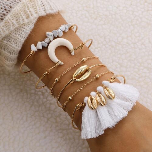 ALIUTOM Vintage Multicolor Bracelets & Bangles Set For Women Girl Bohemian Shell Tassel Beads Charm Bracelets Female Jewelry