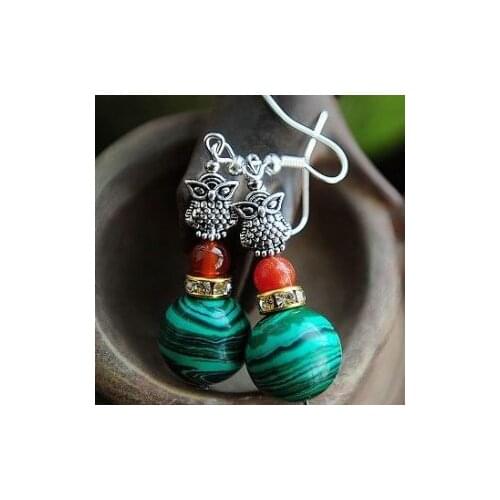 Fashion Bohemian Vintage Ethnic Tibetan Owl Natural Malachite Beads Dangle Earrings For Women Gift Jewelry Wholesale
