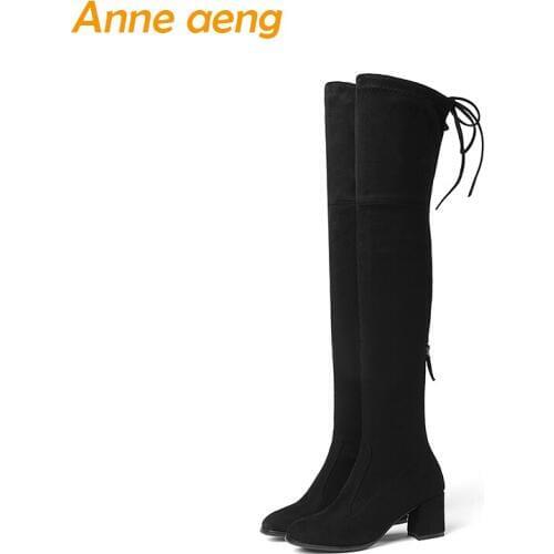 2019 new spring autumn ladies kid suede shoes high square heel women over the knee boots black motorcycle boots size 34-43