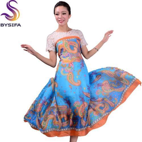 [BYSIFA] New 100% Silk Blue Women Silk Scarves Printed Fashion Brand Ultra Long Cape National Style Pure Silk Scarf Shawl bwj04