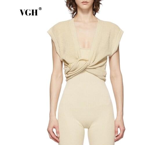 VGH Casual Solid Knitting Sweater For Women V Neck Sleeveless Ruched Single Button Slimming Sweaters Females Summer New Clothing