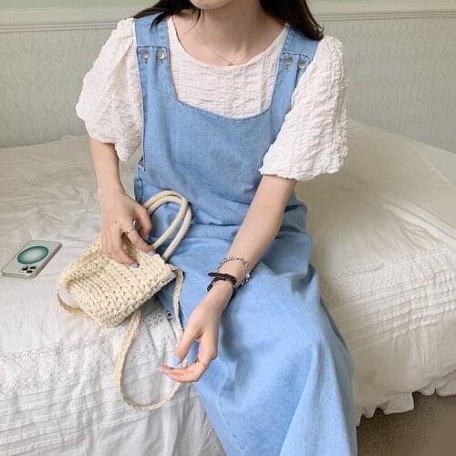 Korean Chic Summer Niche Basic Square Collar Loose Long Sleeveless Washed Blue Denim Strap Dress Female