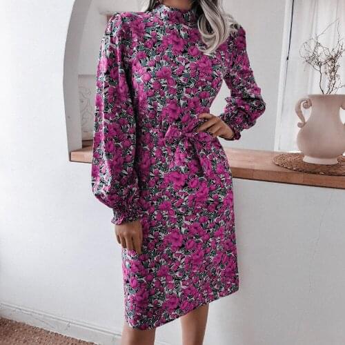2021 Retro Floral Stand Collar Lantern Long Sleeve Chiffon Dress Ladies Elegant High Waist Purple Party Midi Dresses Summer