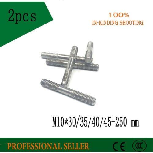 2PCS M10 304 Stainless Steel Double End Threaded Screw Headless Double Thread Studs Bolt M10*30/35/40/45-250 mm