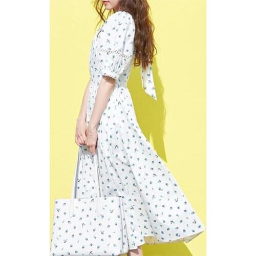 2021 Designer Fashion Summer Dress Women White Floral Frock Printed Puff Sleeve Belt Elegant Party Dresses