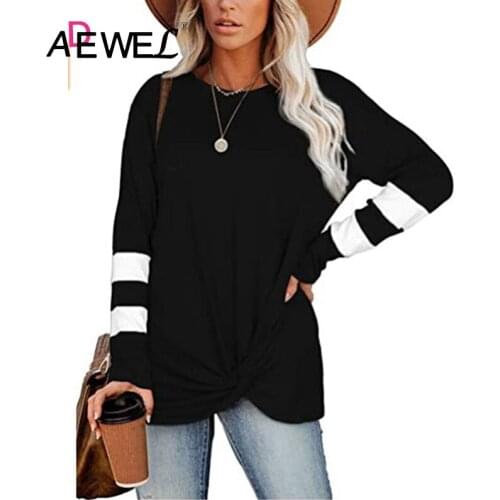 ADEWEL 2020 Autumn And Winter Round Neck Long Sleeved Sleeves Stitching Casual Twist T Shirt Top Woman Mujer Camisetas Clothes