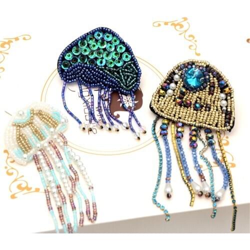 AHYONNIEX 1 piece Beaded Tassel Jellyfish Patch Embroidered Applique DIY T-shirt Coat Sweater Sew On Bag Decoration Patches