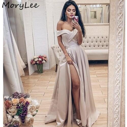 Sexy Evening Dresses Fashion V-Neck Off The Shoulder Side Slit Silk Satin Pleated Evening Dresses vestidos de fiesta de noche