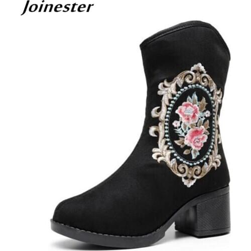 Autumn Ladies Mid-Heel Embroidered Ankle Boots Women Ethnic Retro Cotton Fabric Short Booties Round Toe Zipper Winter Shoes